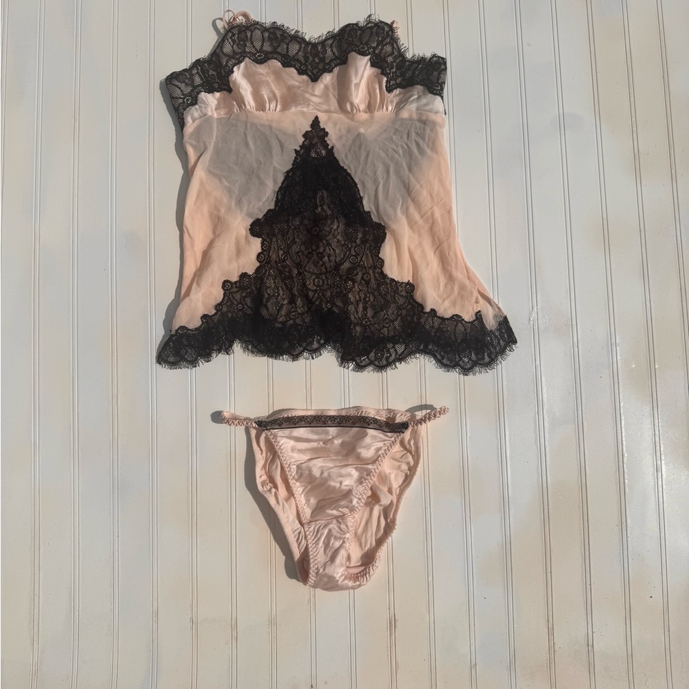 Vs SILk Lace Trim Pink and Black Lingerie Set